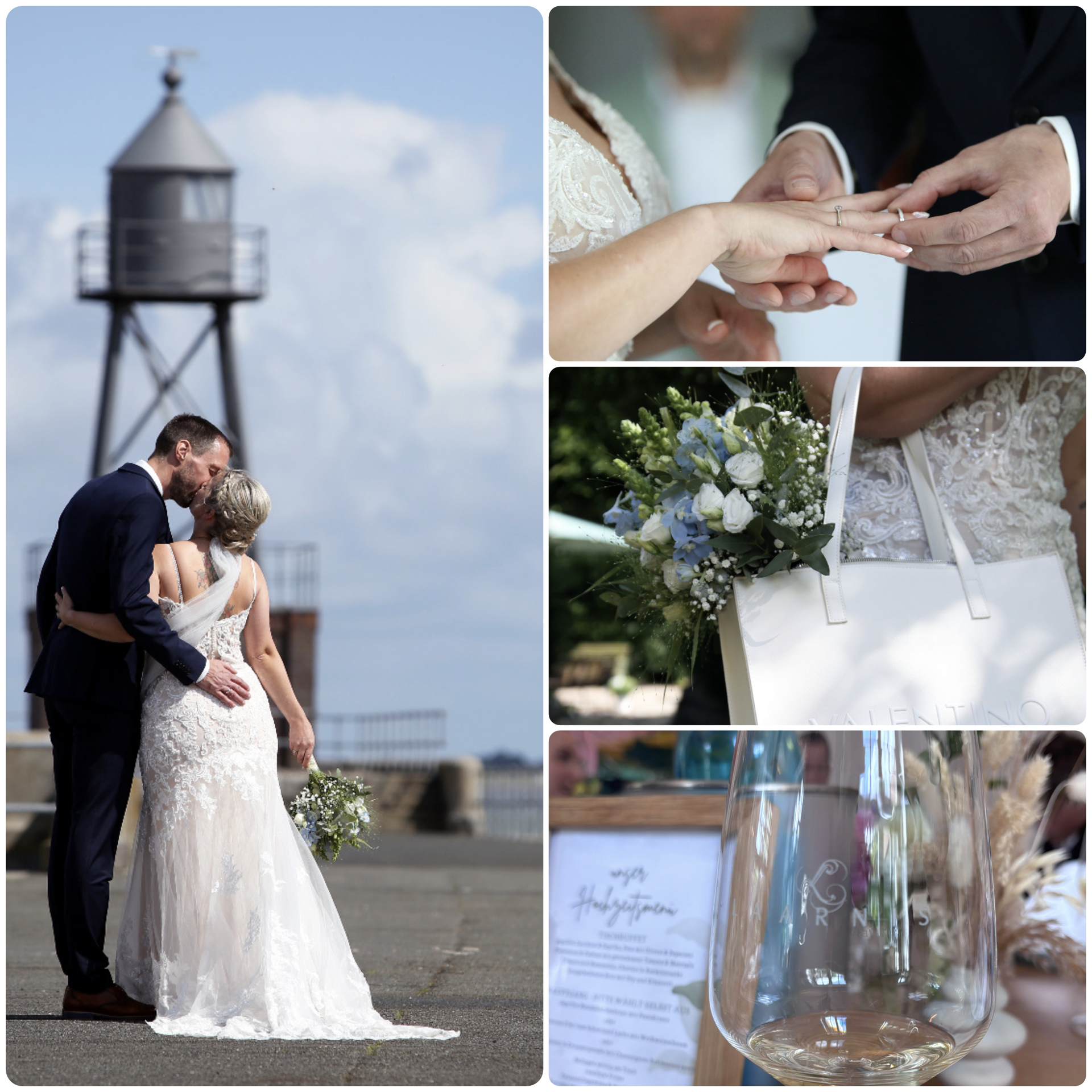 Hochzeitscollage mit dem Brautpaar und liebevollen Details